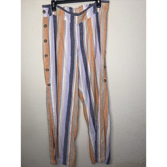 linen boho open side Button High waist Wide Leg Striped lagen Pants Large sexy - Picture 1 of 11